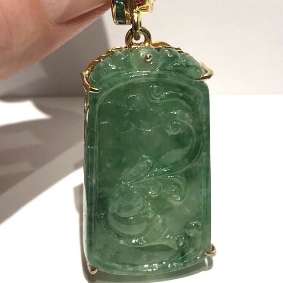 Vtg Signed Gilt 925 Sterling Carved Fish Jade Pendant Emerald Sapphire Ruby - Picture 3 of 12